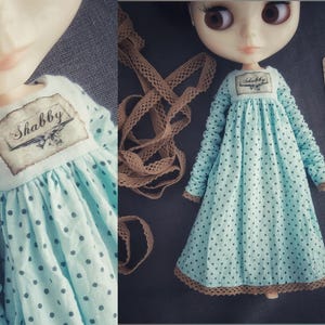 Blue Cotton Dress for Blythe Dolls | Lace Trim, Maxi Length  Long Sleeves | Button Back Closure | Handmade Fashion