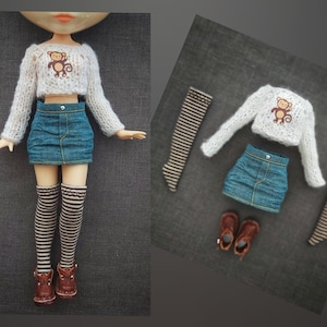 Blythe Doll Outfit: Monkey Pattern Sweater, Denim Skirt, Striped Socks, Leather Sandals