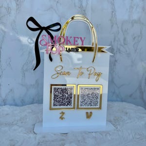Letrero de código QR para negocios con escaneo para pagar, letrero de código QR para bolsa de compras, letrero de pago, letrero de código QR de acrílico personalizado, soporte de pago, letrero comercial, logotipo