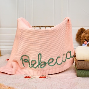Personalized Embroidered Blanket,Custom Knitted Name Baby Blanket,Soft Cotton Blanket for Newborns, Baby Girl Gift,Newborn Blanket，