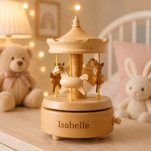 Personalized Wooden Carousel Music Box, Custom Name Engraved Baby Gift Keepsake, Nursery Decor, Birthday Gift for Kids, Handmade Memory Gift