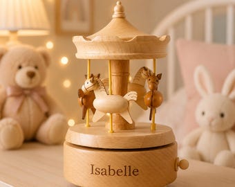 Personalized Wooden Carousel Music Box, Custom Name Engraved Baby Gift Keepsake, Nursery Decor, Birthday Gift for Kids, Handmade Memory Gift