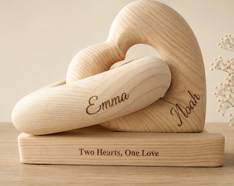 Interlocking Wooden Hearts, Personalized Couple Gift, Engraved Anniversary Keepsake, Wedding Decor for Him Her, Pine Wood Decor