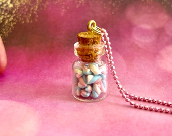 Marshmallow Jar Necklace, Bottle With Candy Necklace,  Mini Glass Jar Pendant, Candy Jewelry