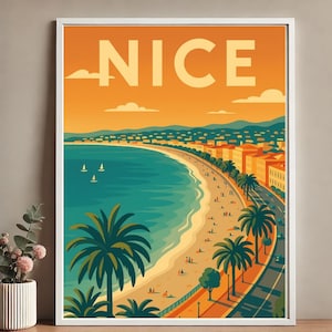 Póster de viaje vintage de Niza, Francia / Arte mural de la Riviera Francesa / Impresión retro de playa costera / Decoración mediterránea