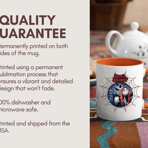 May include: White ceramic mug with an orange interior and handle. The mug features a Halloween-themed design with Jack Skellington and Sally. The words "Happy Halloween" are also visible. The mug is dishwasher and microwave safe.