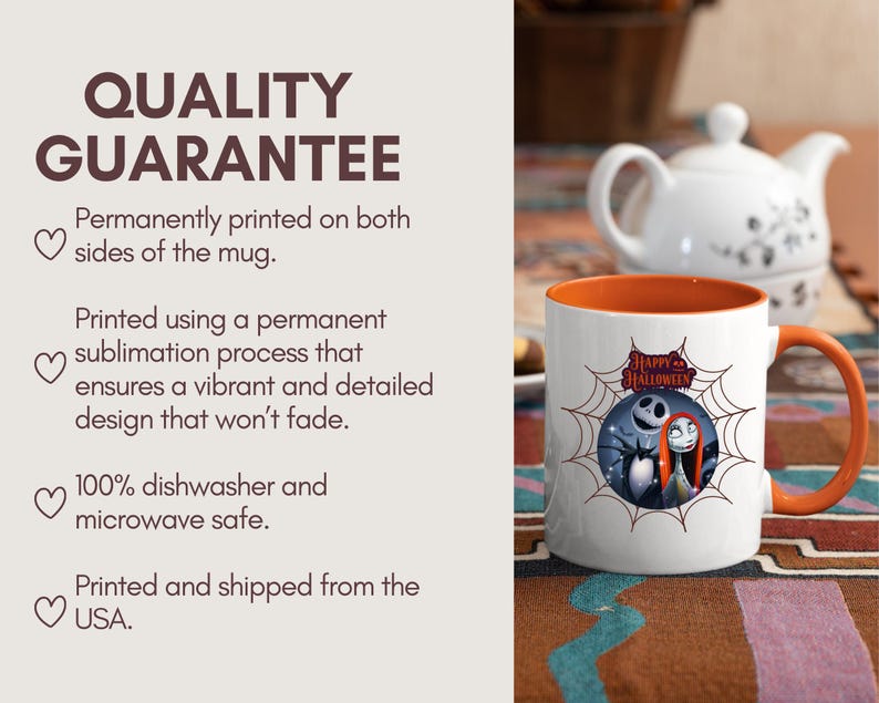 May include: White ceramic mug with an orange interior and handle. The mug features a Halloween-themed design with Jack Skellington and Sally. The words "Happy Halloween" are also visible. The mug is dishwasher and microwave safe.