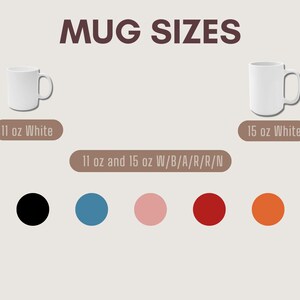 May include: Image showing white mugs in 11 oz and 15 oz sizes. The text "MUG SIZES" is at the top. Below the mugs are the words "11 oz White" and "15 oz White". Below are color swatches in black, blue, pink, red, and orange.