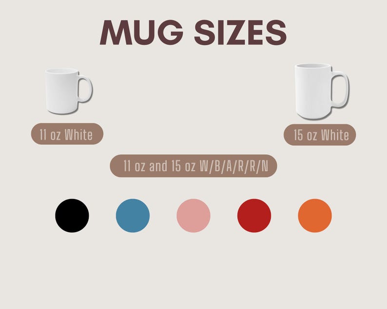 May include: Image showing white mugs in 11 oz and 15 oz sizes. The text "MUG SIZES" is at the top. Below the mugs are the words "11 oz White" and "15 oz White". Below are color swatches in black, blue, pink, red, and orange.