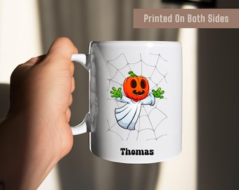 Personalized Halloween Ghost Mug With Pumpkin Head, Cute Spooky Coffee Cup, Fall Drinkware Gift, Custom Name Halloween Mug For Coffee Lovers