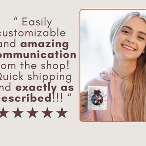 May include: A white ceramic mug featuring a Halloween-themed graphic with Jack and Sally from The Nightmare Before Christmas. The mug is held by a person wearing a pink hoodie. Text on the left reads: "Easily customizable and amazing communication from the shop!"