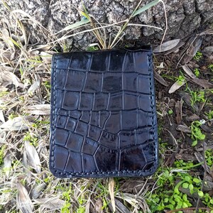 Carteira de couro de crocodilo, carteira masculina de couro de crocodilo dobrável, pele de jacaré preta brilhante, couro genuíno, carteira de crocodilo feita à mão, carteira preta feita à mão