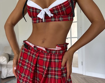 Red Tartan Schoolgirl Lingerie Costume: Pleated Mini Skirt Set