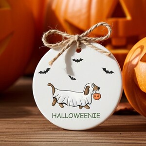 Halloweenie Dachshund Ornament, Round or Heart Shaped Ceramic Ornaments, Weiner Dog Gifts
