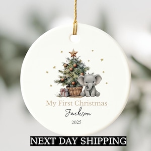 Personalized Baby's First Christmas Ornament: Woodland Elephant Keepsake (2025)