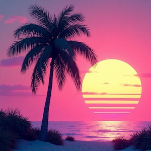 Può includere: Silhouette di una palma su una spiaggia al tramonto. Il cielo è rosa e viola vibrante, e il sole è giallo brillante con strisce orizzontali. L'oceano è di un blu calmo.