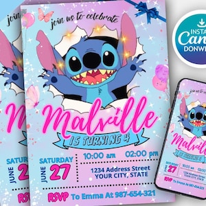 d'invitation de fête d'anniversaire de Stitch | Dessin animé modifiable Bday Evite et design amusant sur toile pour fête d'enfants, téléchargement immédiat