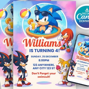 Sonic Pool Party Birthday Invitation, Editable Sonic Canva Template, Sonic Birthday Invite for boys, Summer Party Digital Template