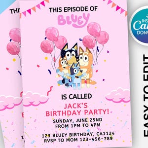 Invito di compleanno modificabile Bluey Invito digitale per festa di compleanno Invito digitale per festa di compleanno Cane blu Ragazzi Ragazze Modello di download immediato