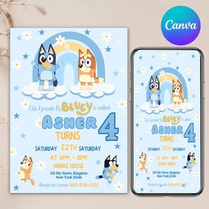 Invitación de cumpleaños editable de Bluey, invitación digital para fiesta de cumpleaños, invitación digital para fiesta de cumpleaños, plantilla de descarga instantánea para niños y niñas con perro azul