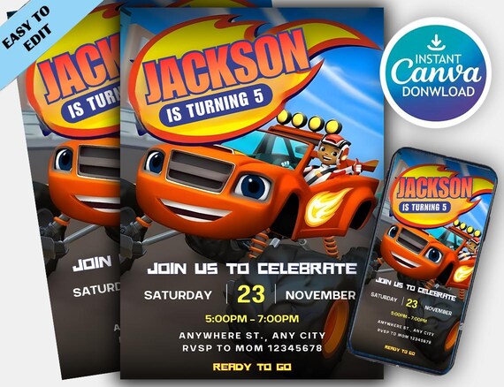 Blaze Birthday Invitation, Cars birthday invite, Blaze and the Monster Machines, Blaze Truck Party Digital Invite, Birthday Invitation Boys