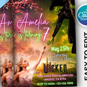 Wicked Geburtstagsfeier-Einladung, Wicked Party-Einladung, WICKED inspirierte Kinokarte, Elphaba & Glinda Theme, Filmparty, Canva Editable