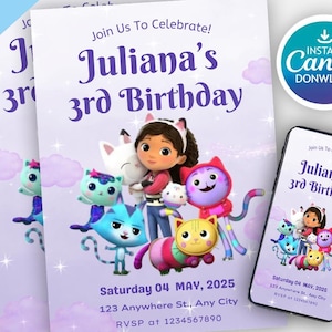 Gabbys Dollhouse Birthday Invitation | Editable Gabby&#39;s Kids Birthday invite | Pandy Template Editable Printable | Invite Instant Download