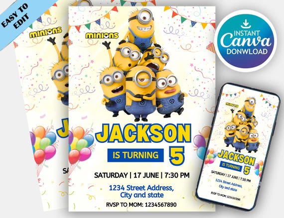 Minions Birthday Invitation, Despicable Me Party Invite, Editable Kids Birthday Template, Digital Minion Theme Invite Yellow Birthday invite