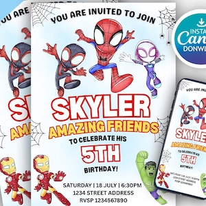 Watercolor Spidey and his Amazing Friends Birthday Party Invitation, Superhero Birthday Invite, Editable Template, Mobile Invite, Printable