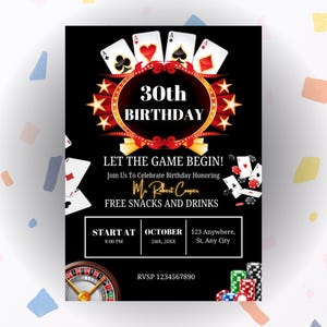 Editable Casino Birthday Invitation Template, Printable 30th 40th 50th Birthday Party Invites, Casino Night Party, Playing Card Poker Invite
