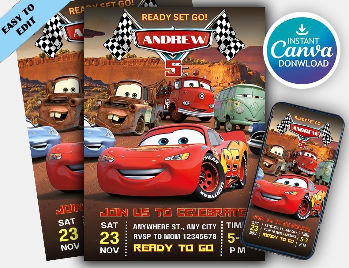Cars Birthday Invitation, Birthday Invitation, Lightning Mcqueen Invitation,  Kids Birthday Invitation, Editable Canva Template - Etsy Israel, image size:1140x875