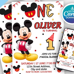 Editable Mickey Mouse Birthday Invitation, Printable Invitation Mickey, 1st birthday Micky Invite, Birthday Boy Invitation 1st, Mickey Mouse