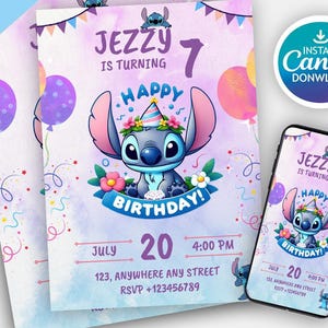 Plantilla de invitación para fiesta de cumpleaños de Stitch / Diseño editable de dibujos animados de cumpleaños de Evite y Canva divertido para fiesta infantil, descarga instantánea