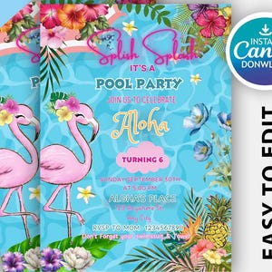 Splish Splash Pool Party Birthday Invitation - Girl Summer Birthday Invitation - Pink Flamingo Pool Party - Editable Digital Download FPTY