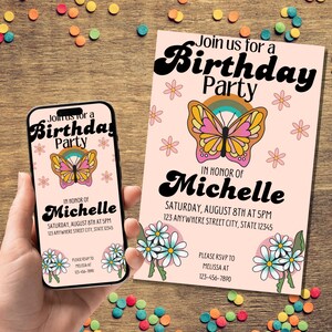 Faire-part d'anniversaire de filles rétro, ambiance années 60 ou 70, modèle de toile modifiable, lot imprimable et numérique
