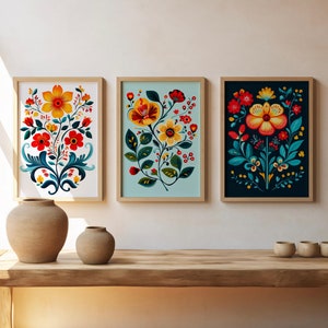 Floral Rosemaling Art Prints, 3 Norwegian Folk Art Digital Download, Telemark Art Painting, Printable Wall Art, Modern Scandinavian Boho