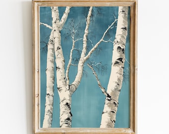 Japanese Birch Tree Print, Shin-hanga Ukiyo-e Woodblock Art Print, Japandi Decor Digital Download, Contemporary Boho Printable Wall Art