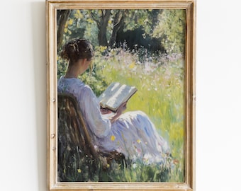 Pittura angolo lettura primavera, stampa giardino libresco, download digitale arte boho, stampa floreale cottagecore da parete, decorazione Light Academia