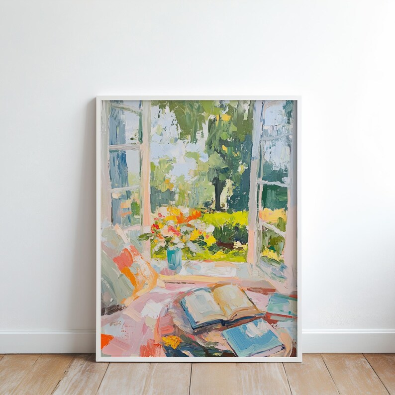 May include: A painting of a window with open curtains, looking out onto a garden with green trees and flowers. There are books and a vase of flowers on a table in front of the window.