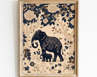 Indian Elephant Art Print, Kalamkari Art Painting, Mother and Baby Printable Wall Art, Indian Folk Art Digital Download, Modern Boho