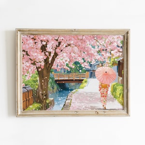 Kyoto Cherry Blossom Art Print, Japan Cute Spring Art Digital Download, Whimsical Floral Japandi Sakura Painting, Printable Spring Wall Art
