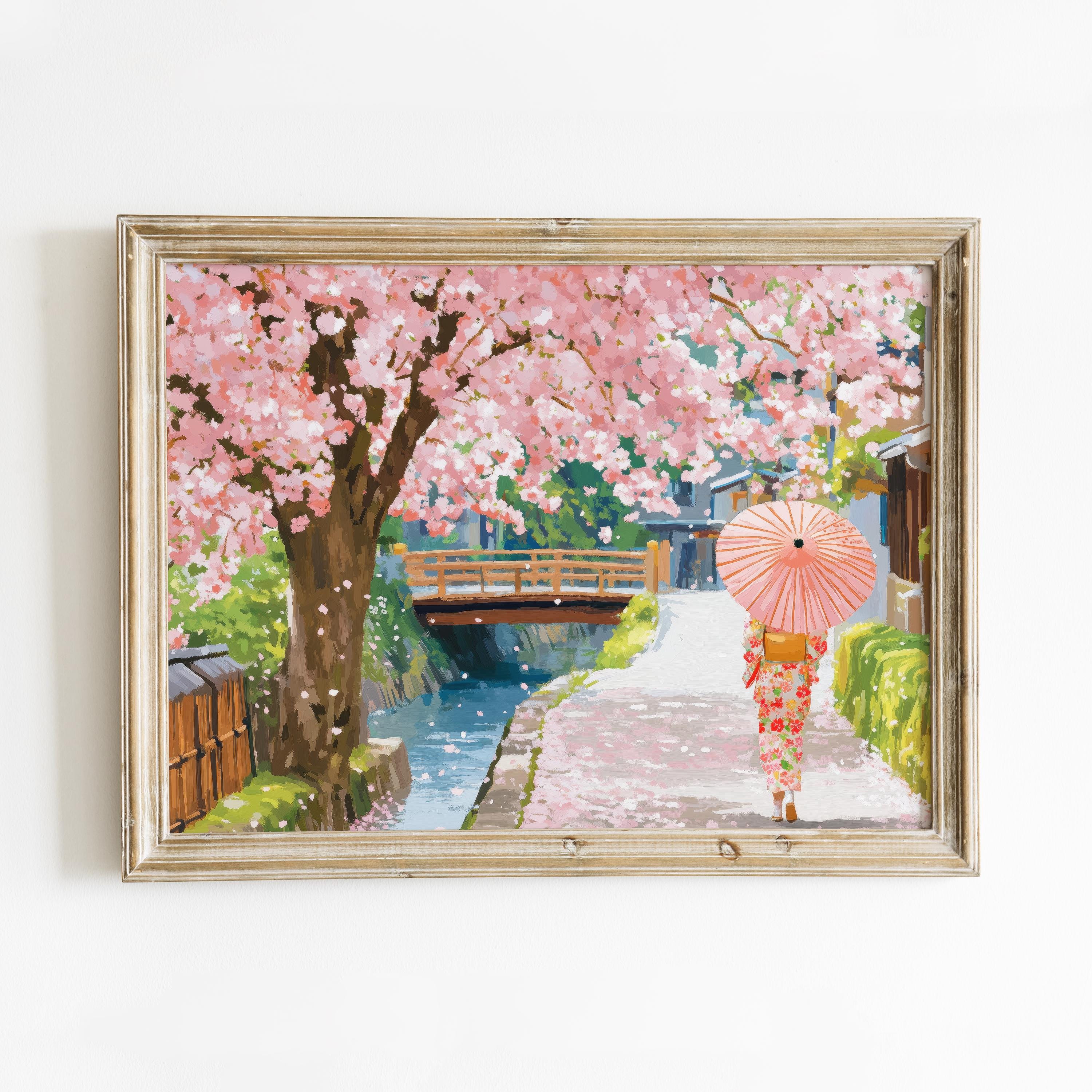 Kyoto Cherry Blossom Art Print, Japan Cute Spring Art Digital