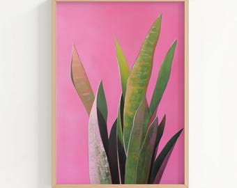 Impression botanique moderne, peinture rose audacieuse sansevieria, plante minimaliste éclectique en téléchargement numérique, art mural imprimable bohème scandinave