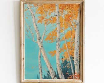 Japanese Birch Tree Print, Shin-hanga Ukiyo-e Woodblock Art Print, Japandi Decor Digital Download, Contemporary Boho Printable Wall Art