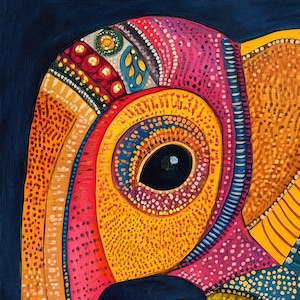 May include: A colorful abstract painting of an elephant's head with a detailed pattern of dots, lines, and swirls in shades of pink, yellow, orange, blue, and green.