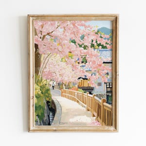 Kyoto Cherry Blossom Art Print, Japan Cute Spring Art Digital Download, Printable Spring Wall Art, Whimsical Floral Japandi Sakura Painting