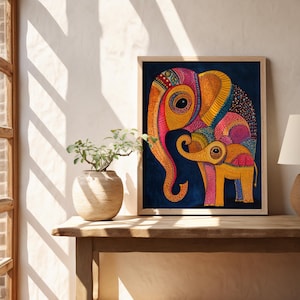 May include: A framed illustration of two elephants, one large and one small, with colorful, intricate patterns. The elephants are on a dark blue background.