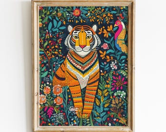 Indian Tiger Art Print, Gond Art Painting, Indian Folk Art Digital Download, Colourful Jungle Printable Wall Art, Eclectic Modern Boho