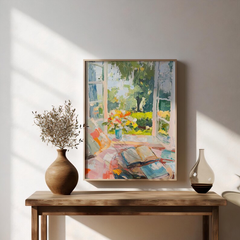 May include: A painting depicting a window with open curtains, revealing a garden filled with flowers and greenery. Books and a vase of flowers are arranged on a table inside the room.