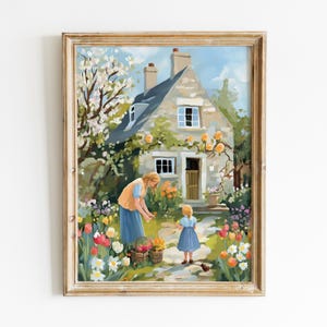 Spring Cottage Garden Art Print, Cute Spring Art Digital Download, Printable Spring Wall Art, Whimsical Cozy Cottagecore Painting